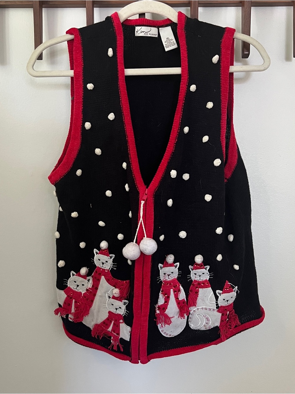 Vintage Kim Rogers Christmas Zipper knit Vest Sweater cats In Scarves & Snow XL